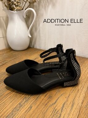 ADDITION ELLE Embellished Ankle Strap Flats Black Size 8WW Extra Wide